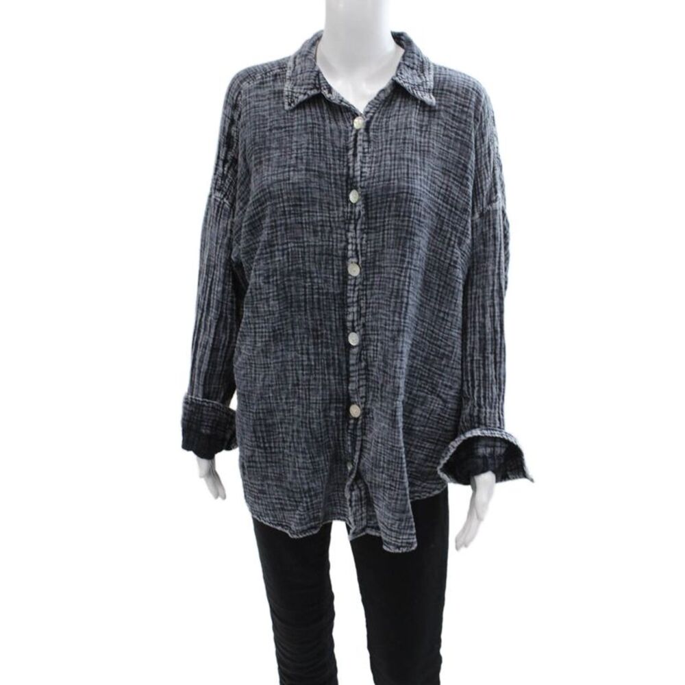 Electric & Rose Women Dark Gray Check Cotton Button-Up Blouse Size L